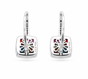 Pair of silver earrings with colorful design on a white background