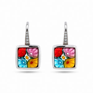 Colorful square earrings with floral design on a white background