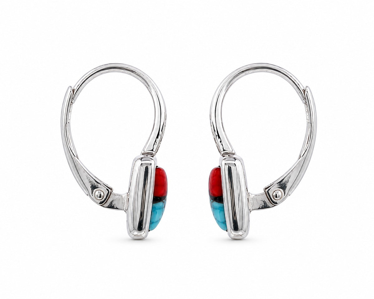 Pair of silver hoop earrings with colorful gemstones on a white background