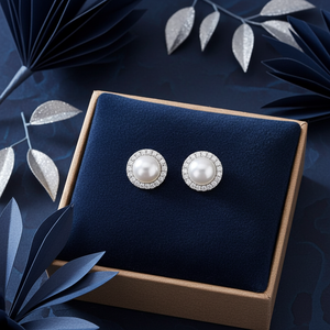 Pearl earrings on a blue velvet display box with decorative leaves.