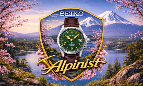 Seiko Alpinist watch with a scenic background of mountains and cherry blossoms.