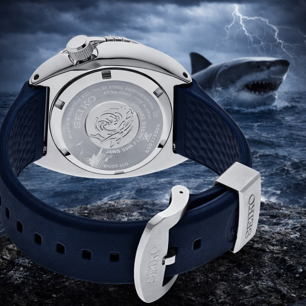Seiko watch with shark and stormy ocean background