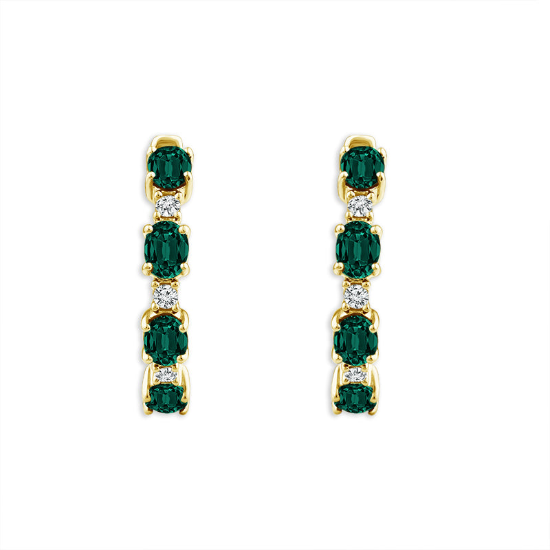 Diamond And Emerald Hoops Earrings 0.10 ct tw 14k Yellow Gold
