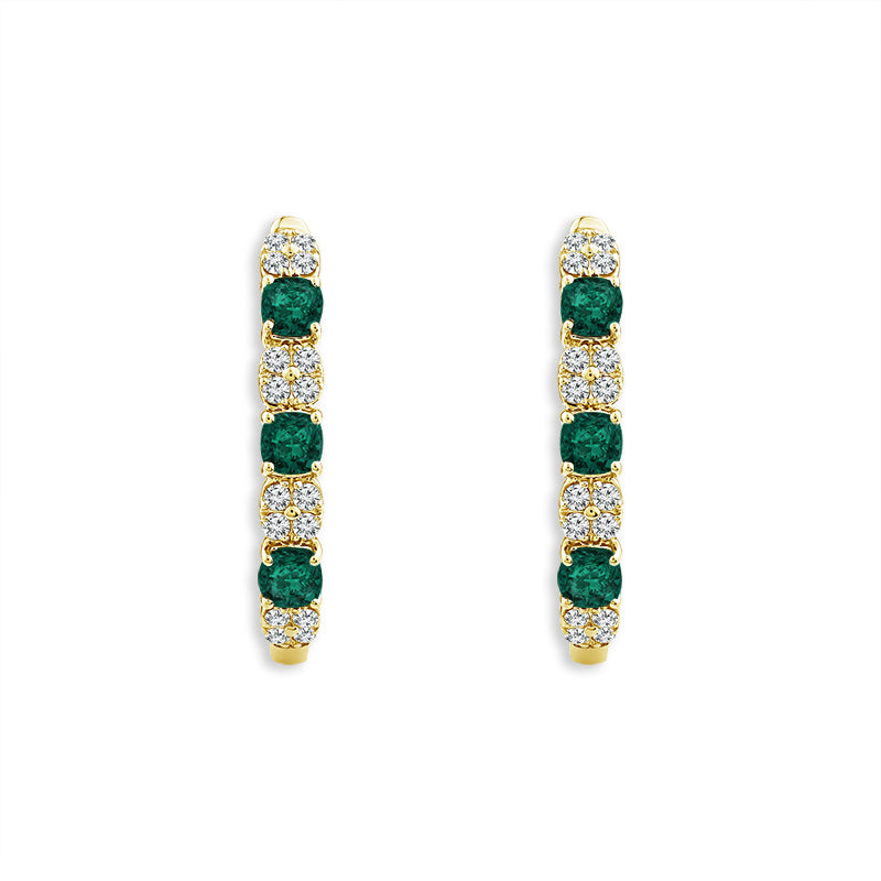 Diamond And Emerald Hoops Earrings 0.25 ct tw 14k Yellow Gold