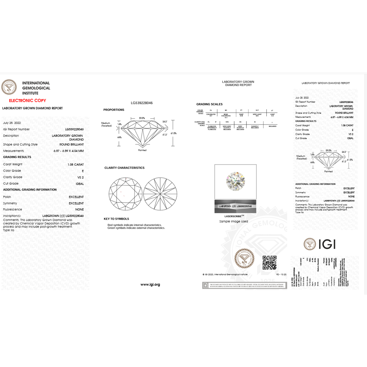 A technical diamond grading report sheet from the International Geological Institute (IGI) showing measurements, carat details, and a diamond characteristics diagram on a white page.
