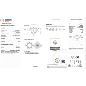 A technical diamond grading report sheet from the International Geological Institute (IGI) showing measurements, carat details, and a diamond characteristics diagram on a white page.