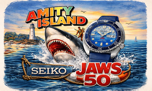Seiko Jaws 50 watch advertisement with shark and island scene