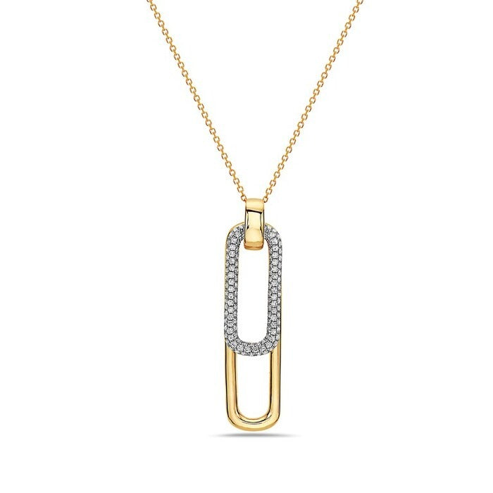 Gold necklace with a rectangular pendant on a white background