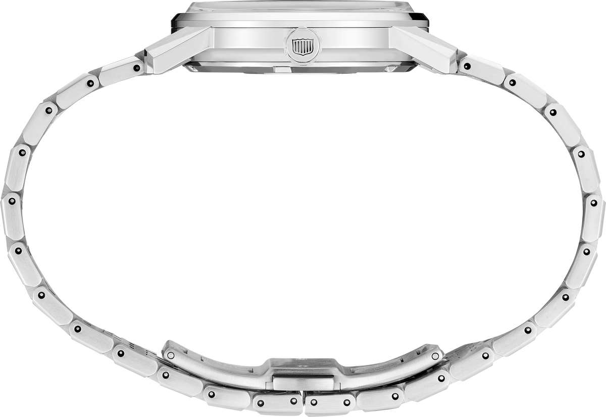King Seiko SJE091 black dial stainless steel crown side shot