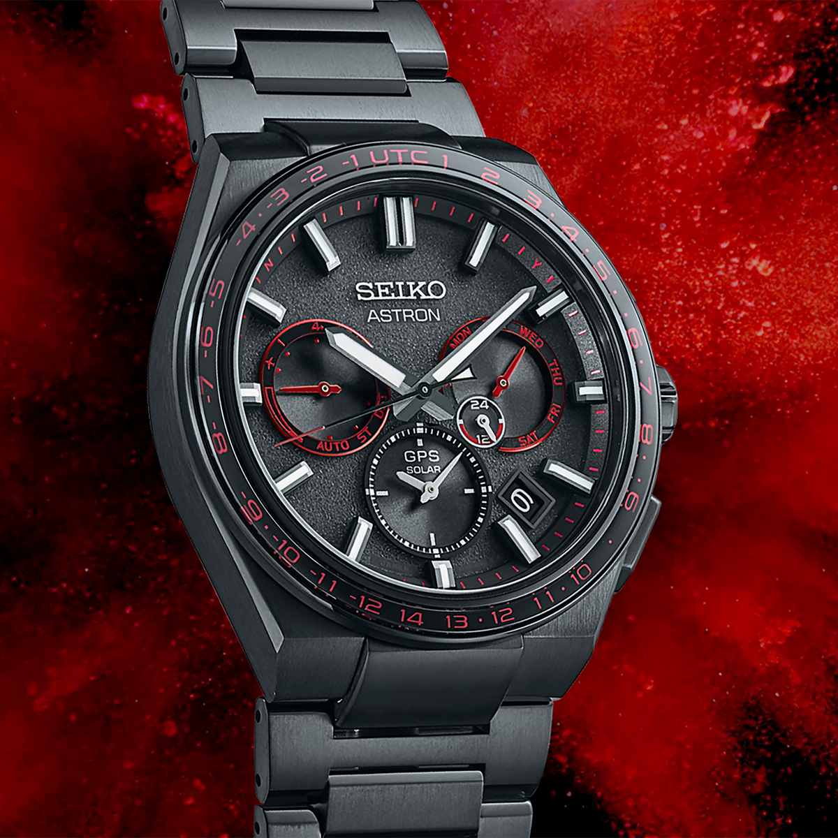SSH137 Seiko Astron GPS Solar Limited Edition Black Titanium with red accents beauty shot