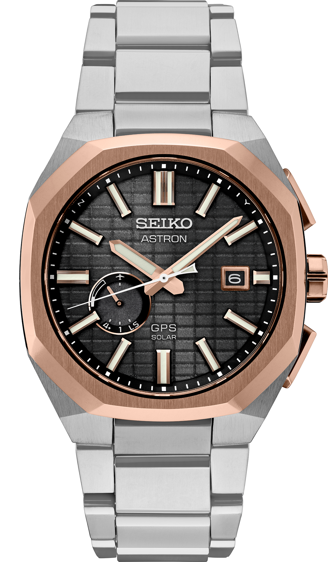 SSJ014 Seiko Solar GPS Titanium case with super-hard coating and Octagonal titanium bezel with rose gold finish