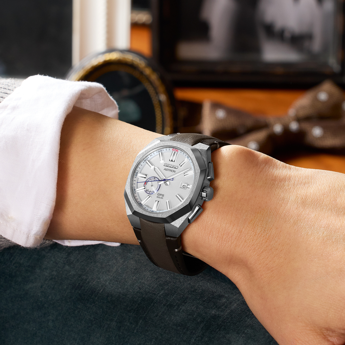 SSJ019 Seiko Astron solar GPS with leather strap wrist perspective