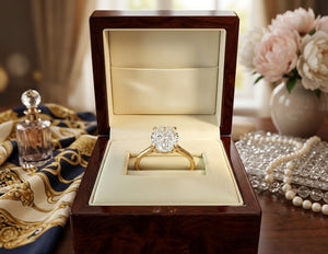 An open dark wood ring box displaying a yellow gold ring with a large round-cut diamond, set on a table with decorative flowers, pearls, and a perfume bottle in a softly lit interior.