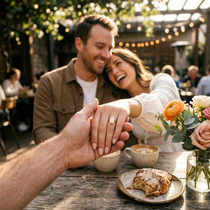 A couple laughing at an outdoor cafe table, with a close-up of a hand holding up a gold ring. A small gold necklace lies on the table next to a pastry and a vase of flowers.