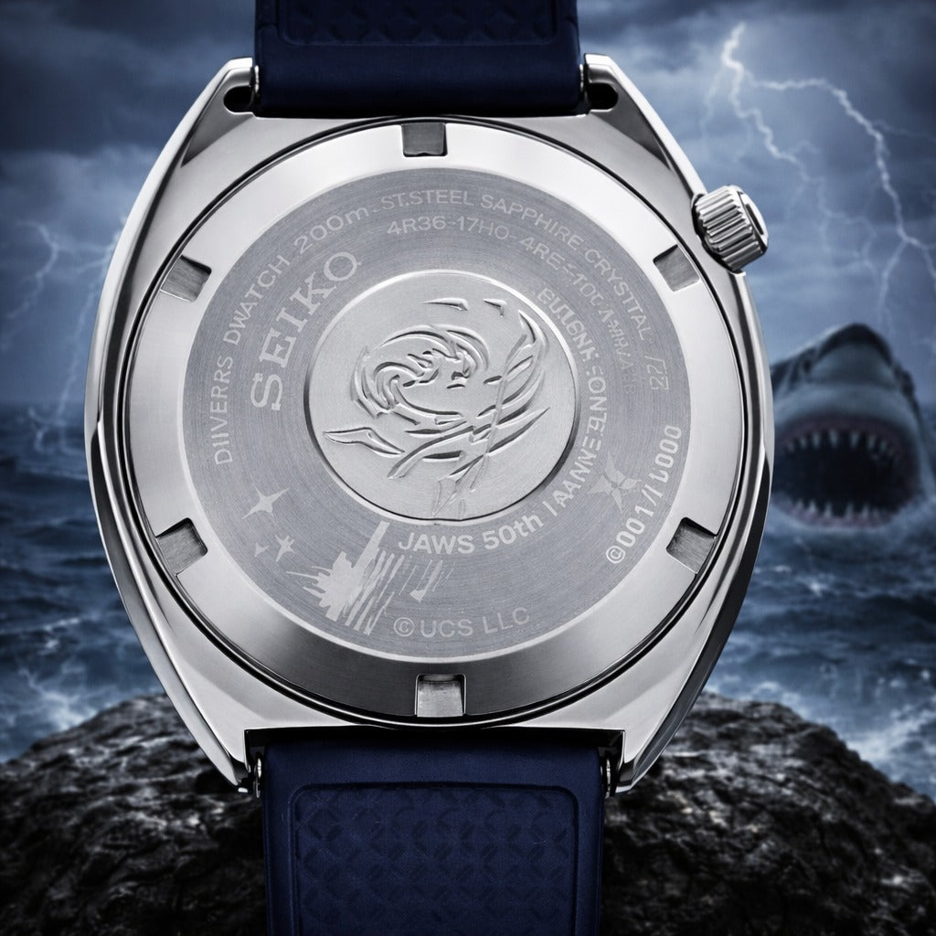 Seiko watch with shark and stormy ocean background