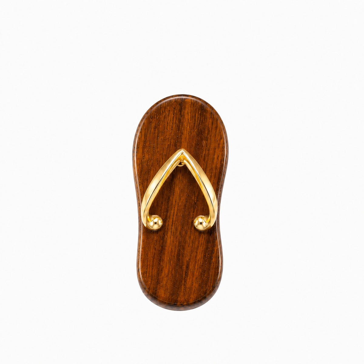 Wooden flip-flop with gold insole on a white background