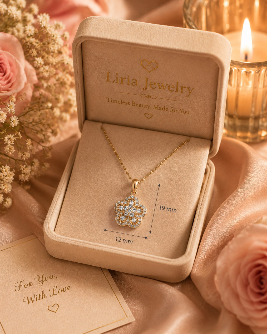 18K yellow gold flower pendant necklace featuring brilliant round and baguette-cut diamonds on a delicate gold chain.