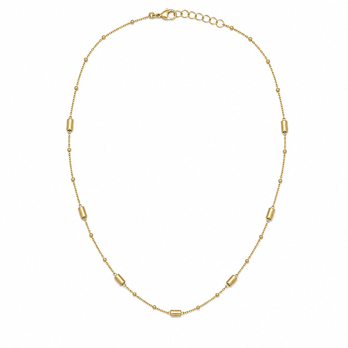 A delicate gold chain necklace with alternating small round beads and elongated barrel-shaped beads, displayed on a clean white background.