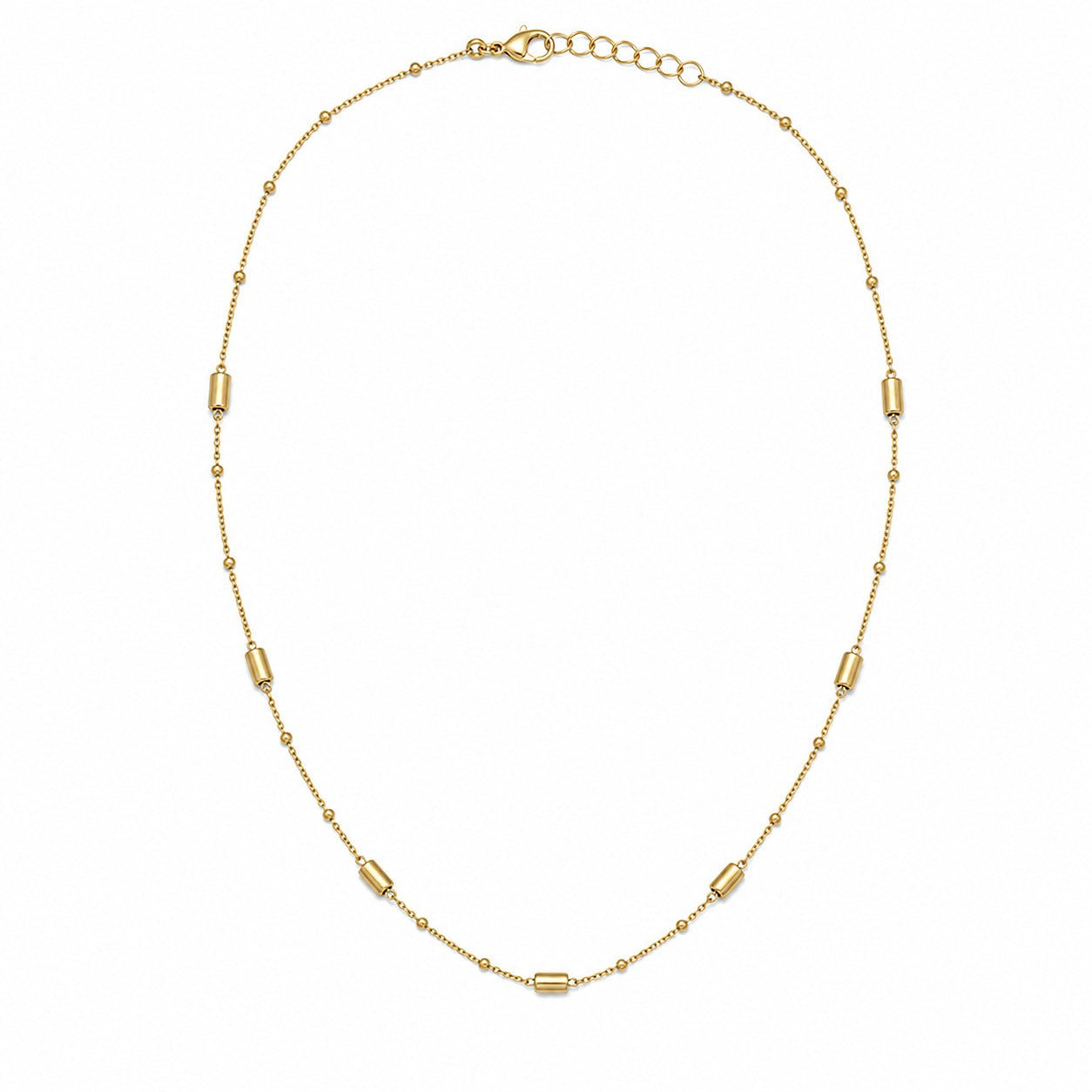 A delicate gold chain necklace with alternating small round beads and elongated barrel-shaped beads, displayed on a clean white background.