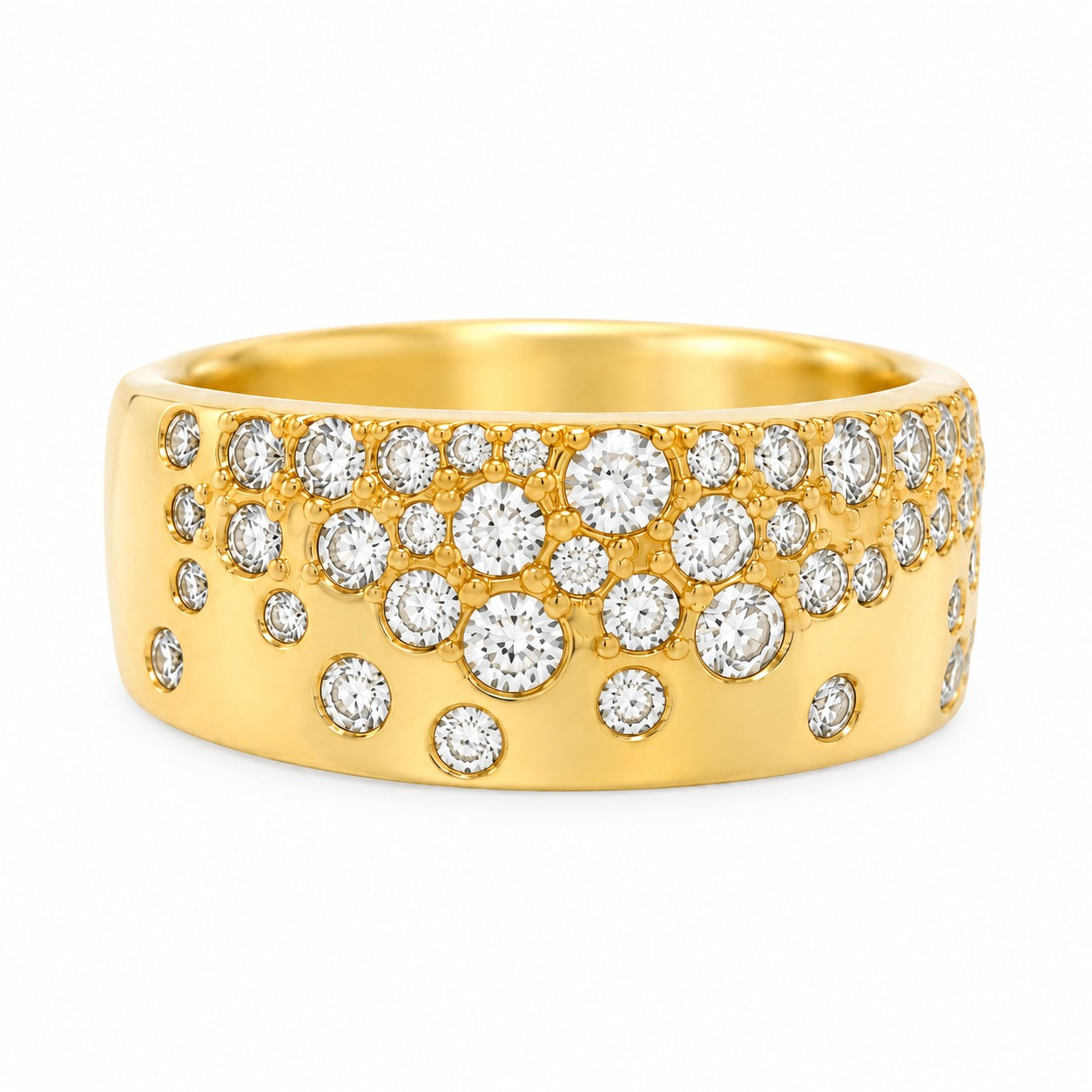 A wide yellow gold ring featuring a dense, graduated pattern of round-cut clear gemstones in a pavé-style setting, shown against a plain white background.