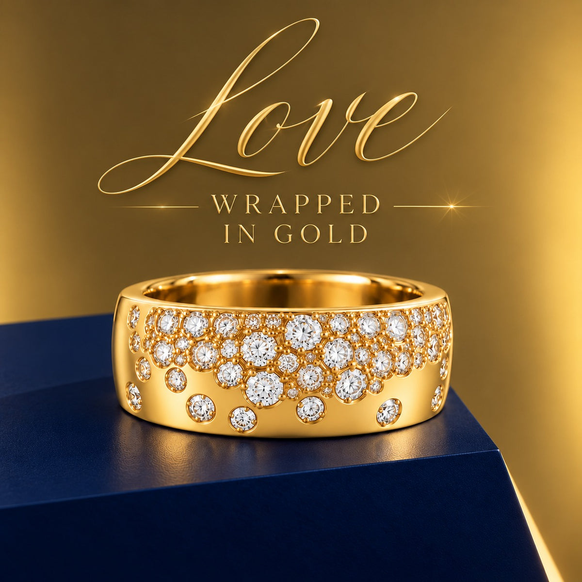 A wide gold band ring set with multiple rows of round clear gemstones, displayed on a dark blue pedestal against a metallic gold background with the text 'Love WRAPPED IN GOLD'.