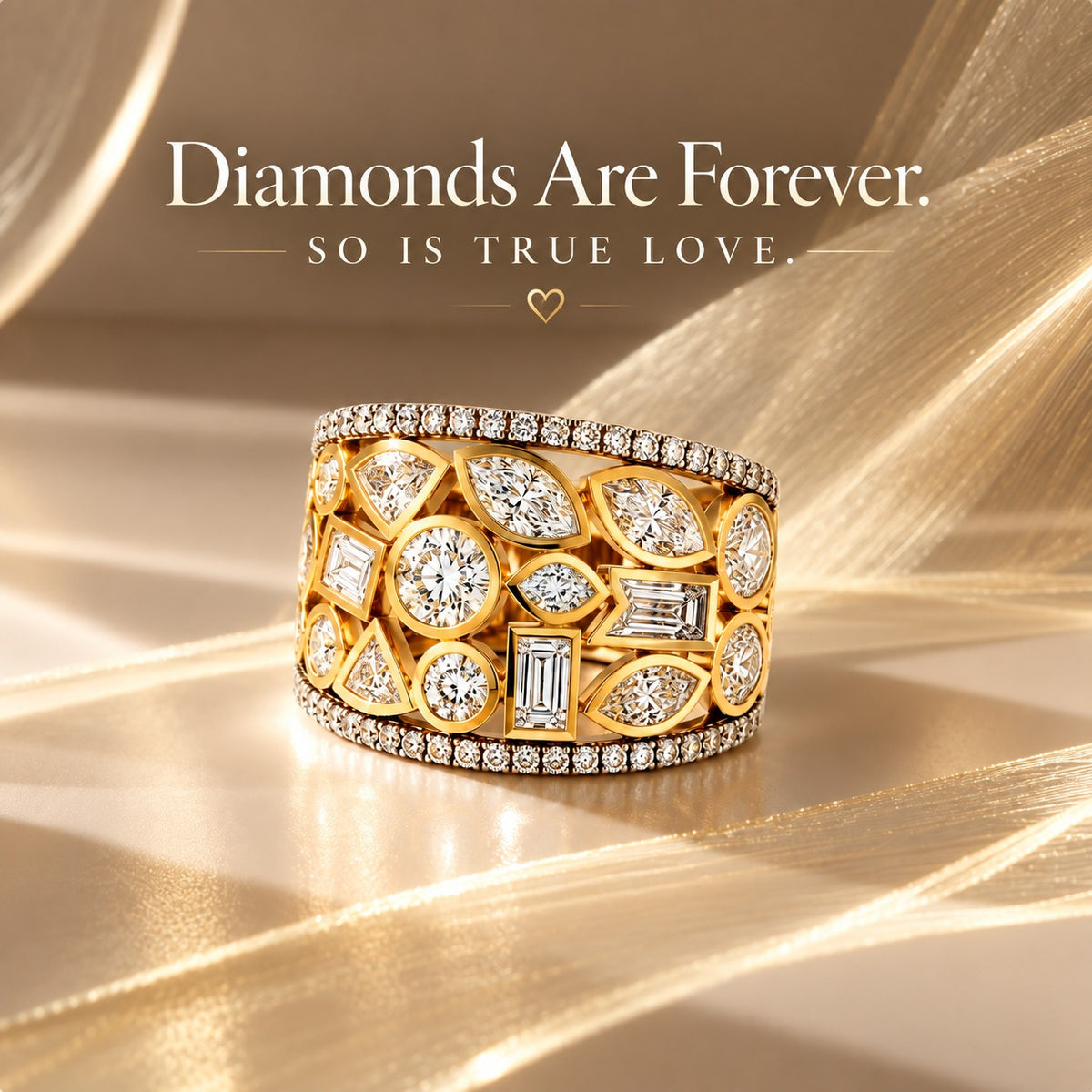 A wide gold ring set with multiple round, marquise, and baguette-cut diamonds, displayed on a shimmering gold satin surface with elegant draped fabric. The text 'Diamonds Are Forever.