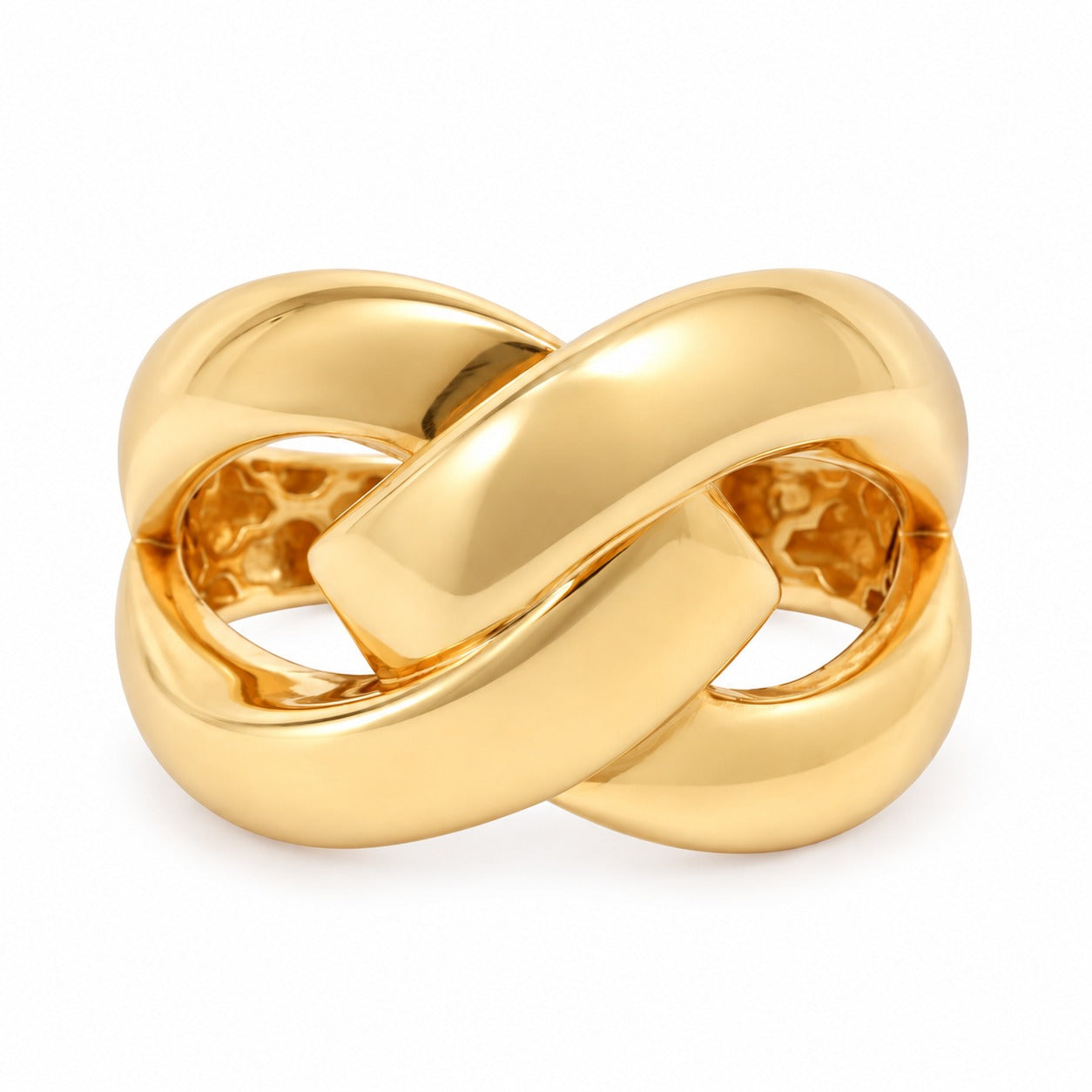 14K yellow gold interlocking knot ring with a high-polish finish.