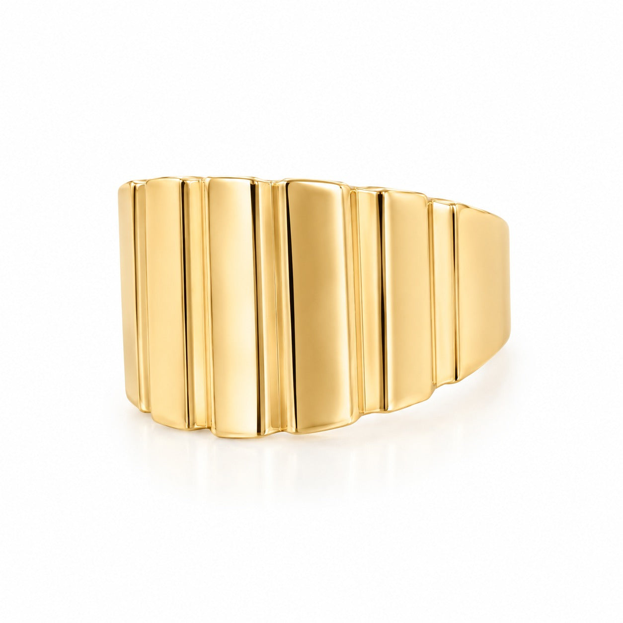 14K yellow gold 13mm wide fancy ribbed statement ring with a high-polish finish.