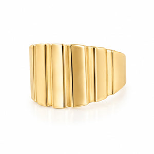 14K yellow gold 13mm wide fancy ribbed statement ring with a high-polish finish.