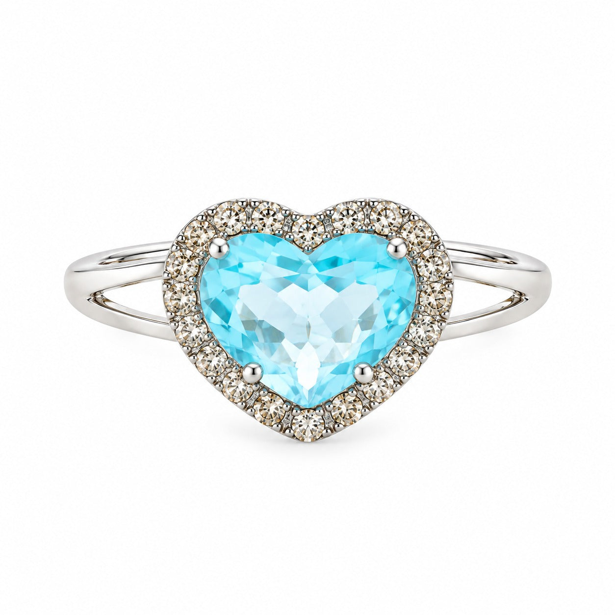 14K White Gold Blue Topaz & Diamond Heart Halo Ring
