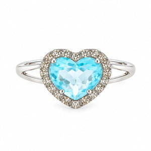 14K White Gold Blue Topaz & Diamond Heart Halo Ring