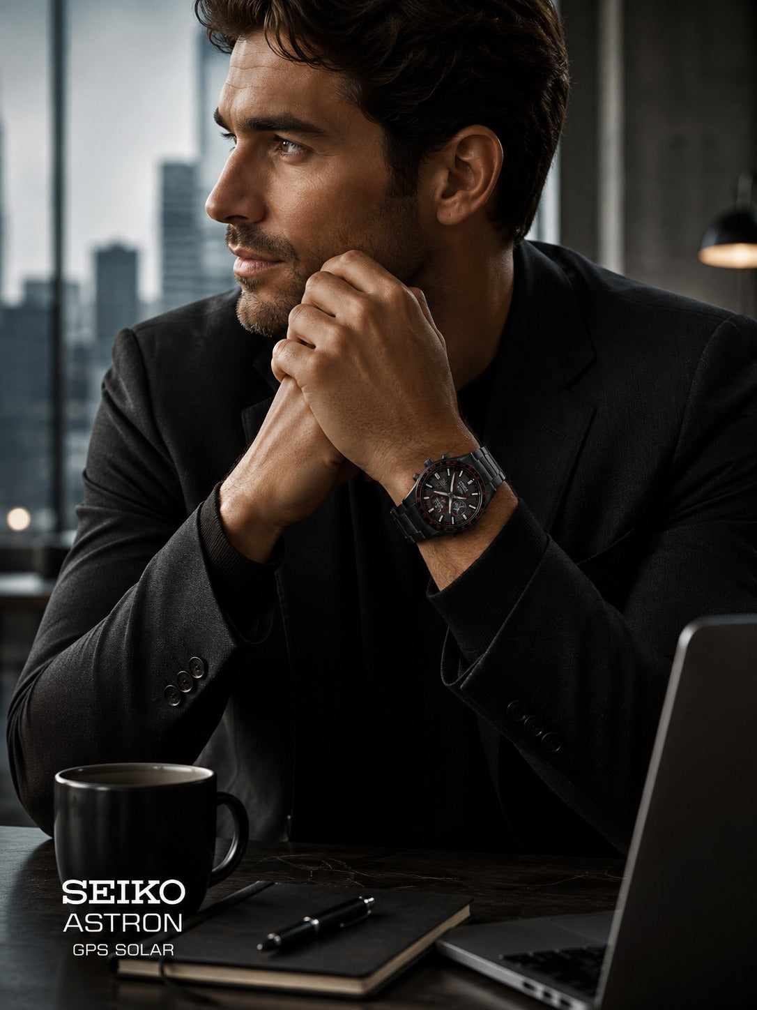 A man in a black suit sits at a desk wearing a Seiko Astron GPS Solar watch. The scene is set in a modern office with a laptop, notebook, and coffee mug on the table, with a blurred city skyline in the background.