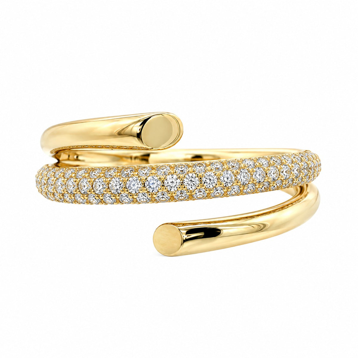 A gold wrap ring featuring a central row of pavé-set round diamonds on one band, with polished gold prongs and open wrap-around ends, shown on a plain white background.
