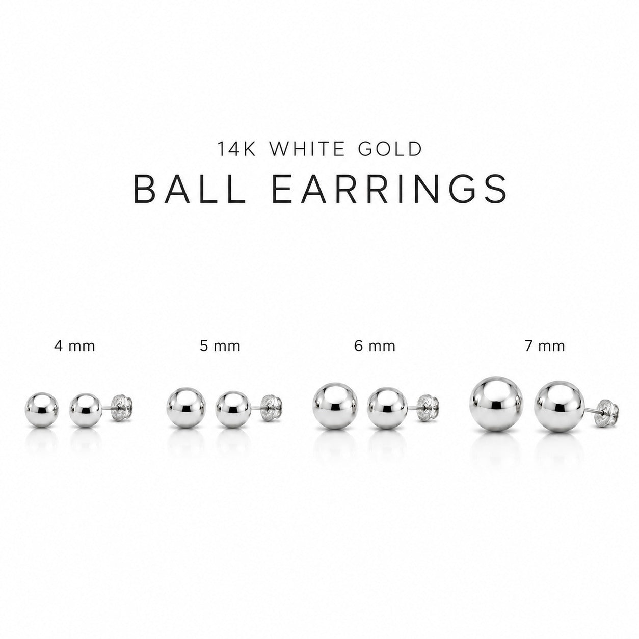 Four sizes of 14K white gold ball earrings shown on a white background with size labels from 4 mm to 7 mm.