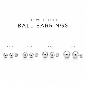 Four sizes of 14K white gold ball earrings shown on a white background with size labels from 4 mm to 7 mm.