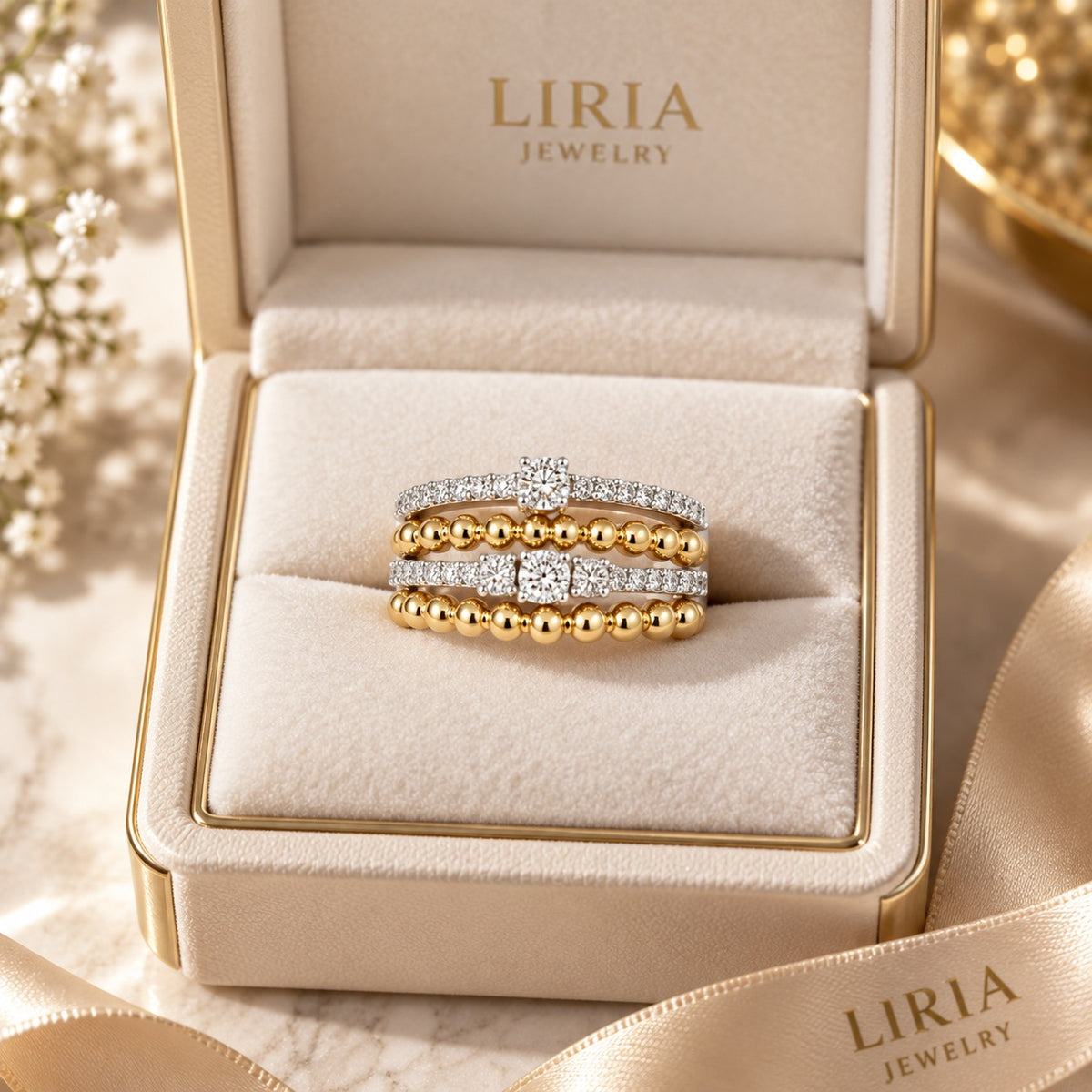 Three Liria Jewelry rings displayed in an open cream jewelry box. The rings feature a combination of yellow gold and white gold with clear gemstones, including a central diamond-studded square motif.