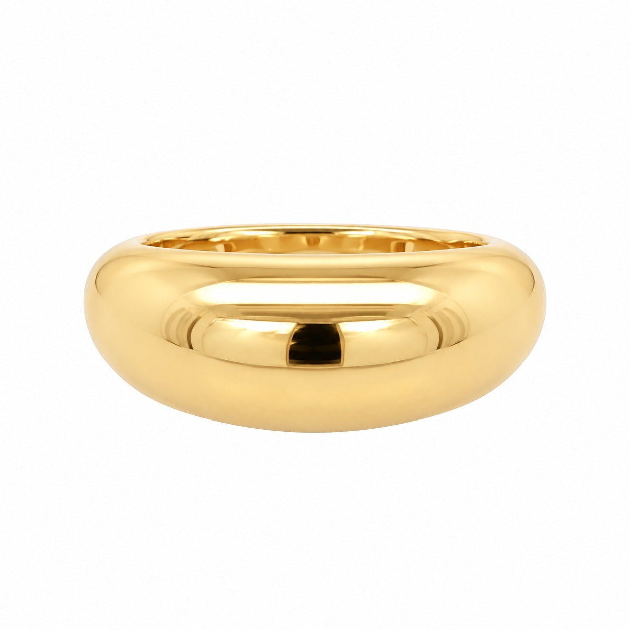 A polished, wide gold band ring with a smooth, rounded, dome-like shape, shown on a plain white background.