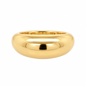 A polished, wide gold band ring with a smooth, rounded, dome-like shape, shown on a plain white background.