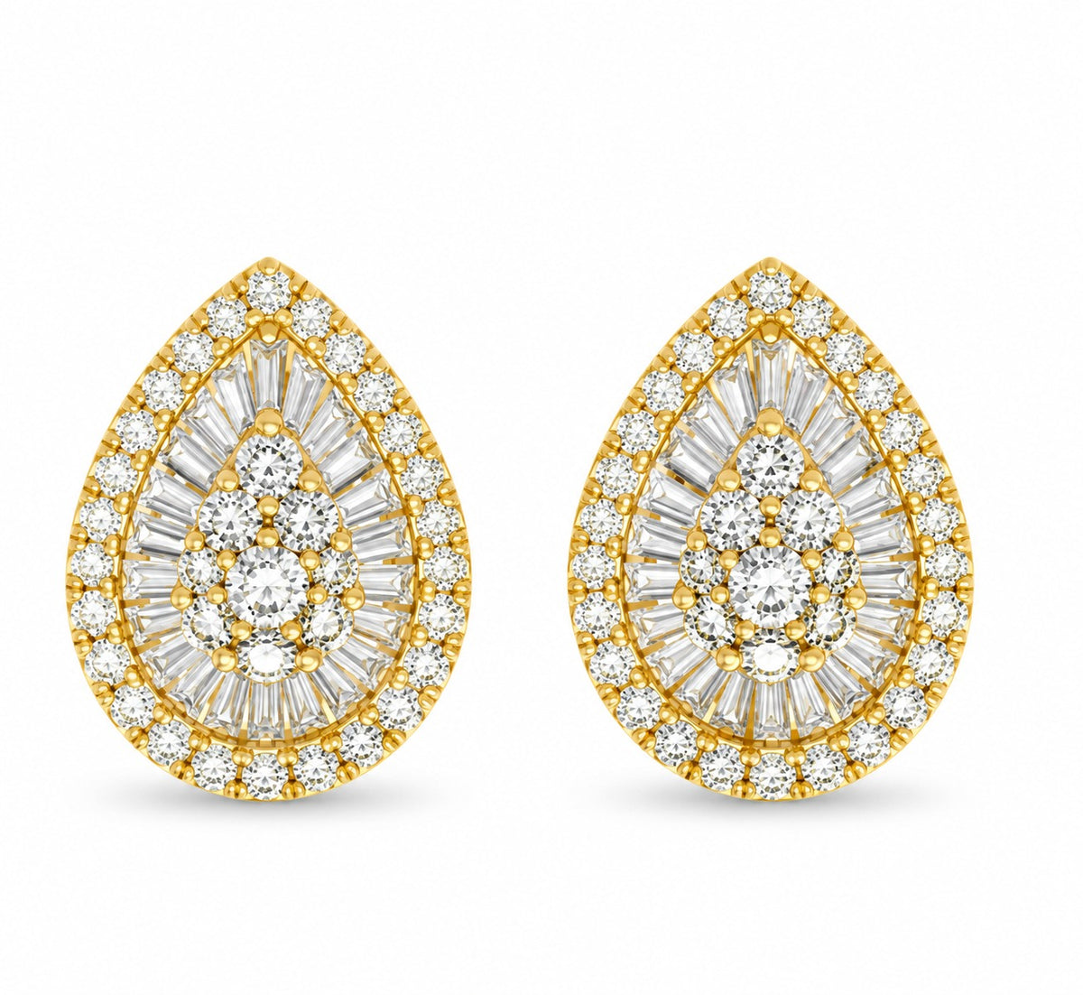 14K yellow gold pear-shaped diamond stud earrings featuring round and baguette-cut diamonds.