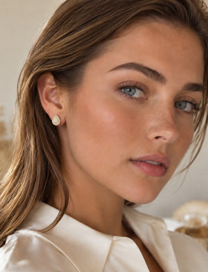 14K yellow gold pear-shaped diamond stud earrings featuring round and baguette-cut diamonds.