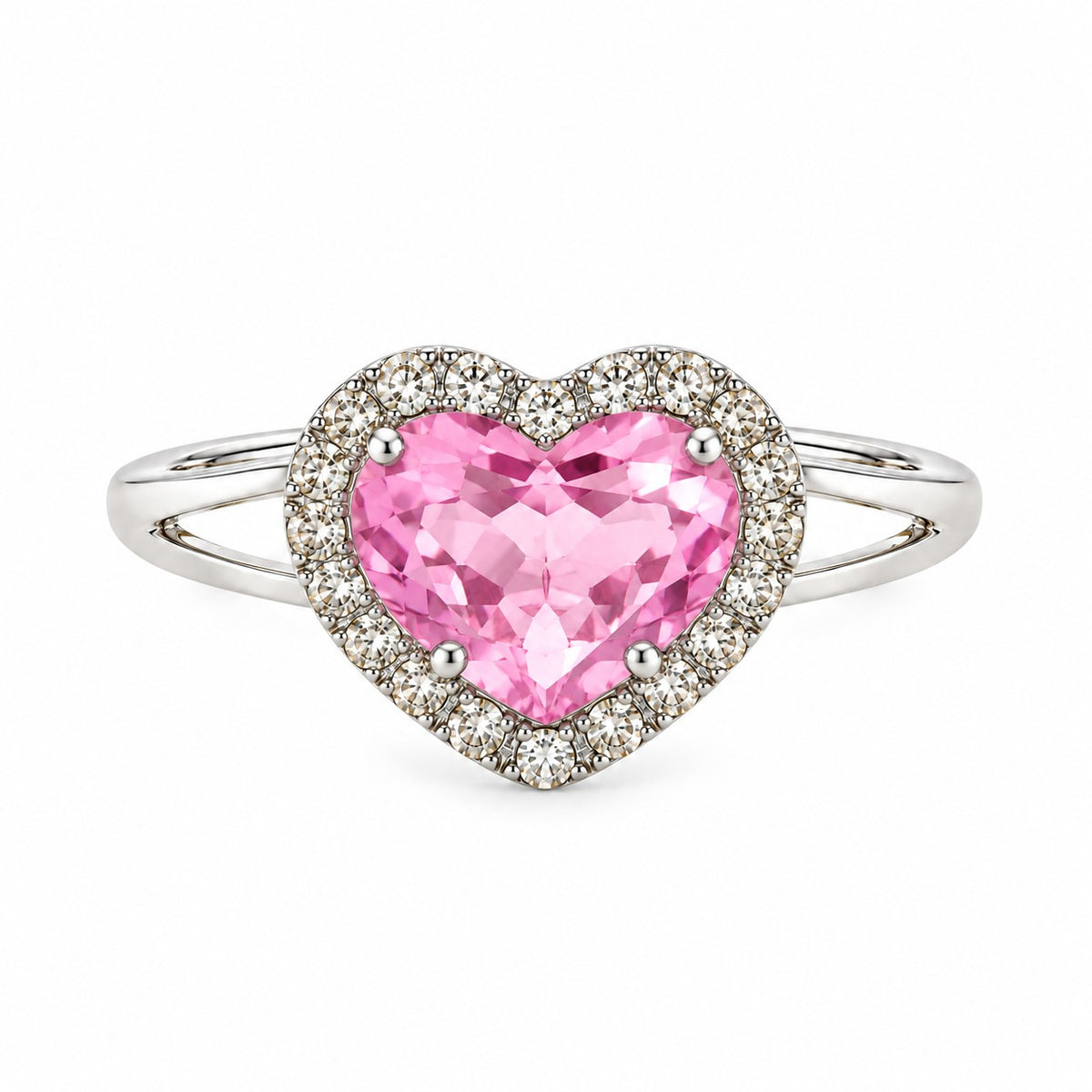 Heart-shaped pink topaz ring with a sparkling diamond halo and polished white gold split-shank band.