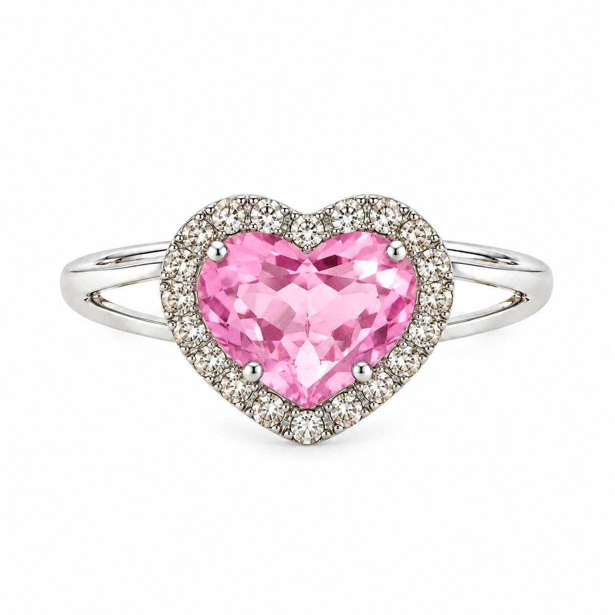 Heart-shaped pink topaz ring with a sparkling diamond halo and polished white gold split-shank band.