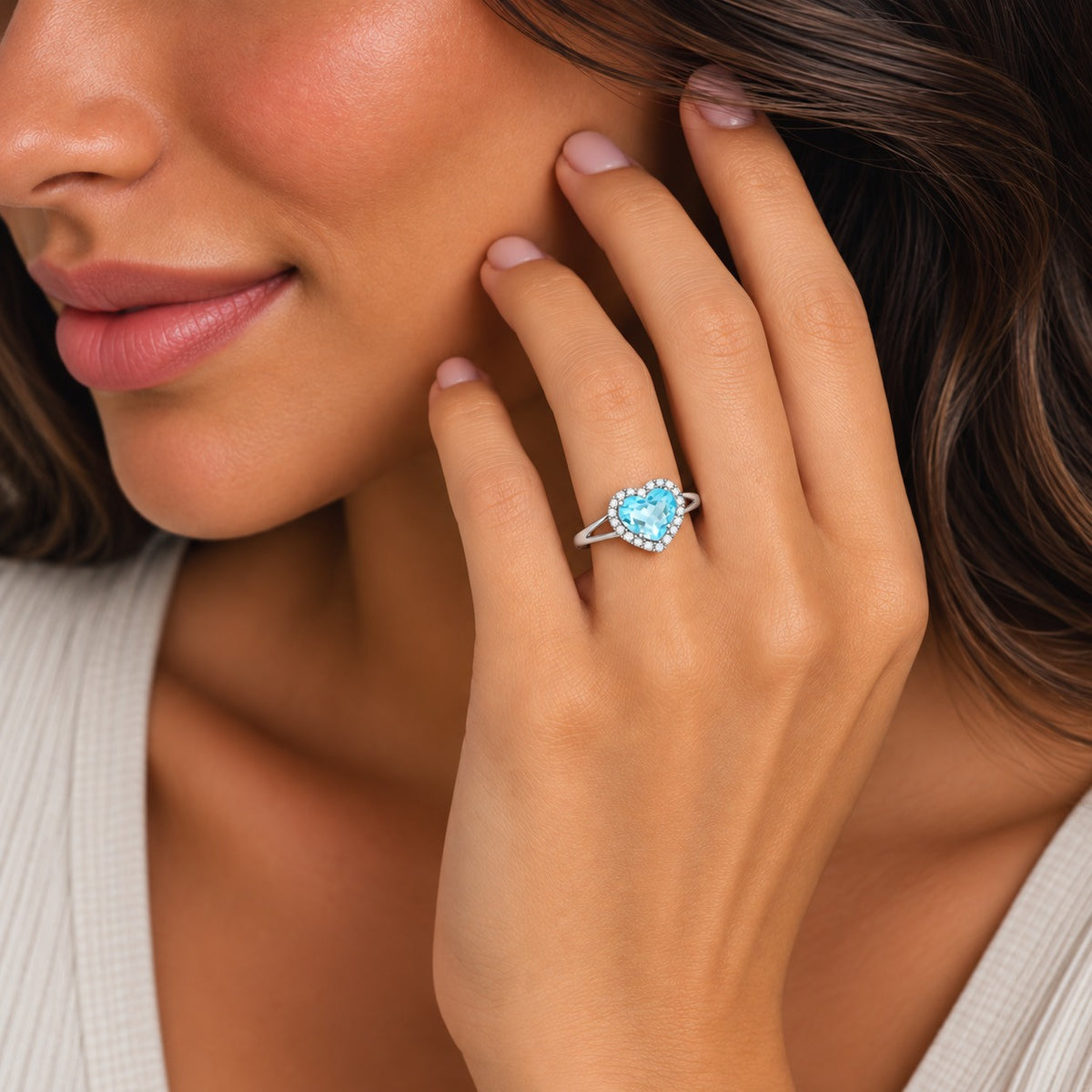 14K White Gold Blue Topaz & Diamond Heart Halo Ring