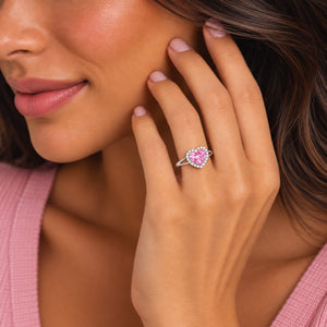 14K White Gold Pink Topaz & Diamond Heart Halo Ring