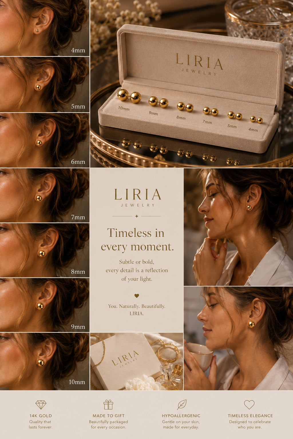 LIRIA jewelry display with earrings and a box, featuring close-ups of an ear wearing an earring.