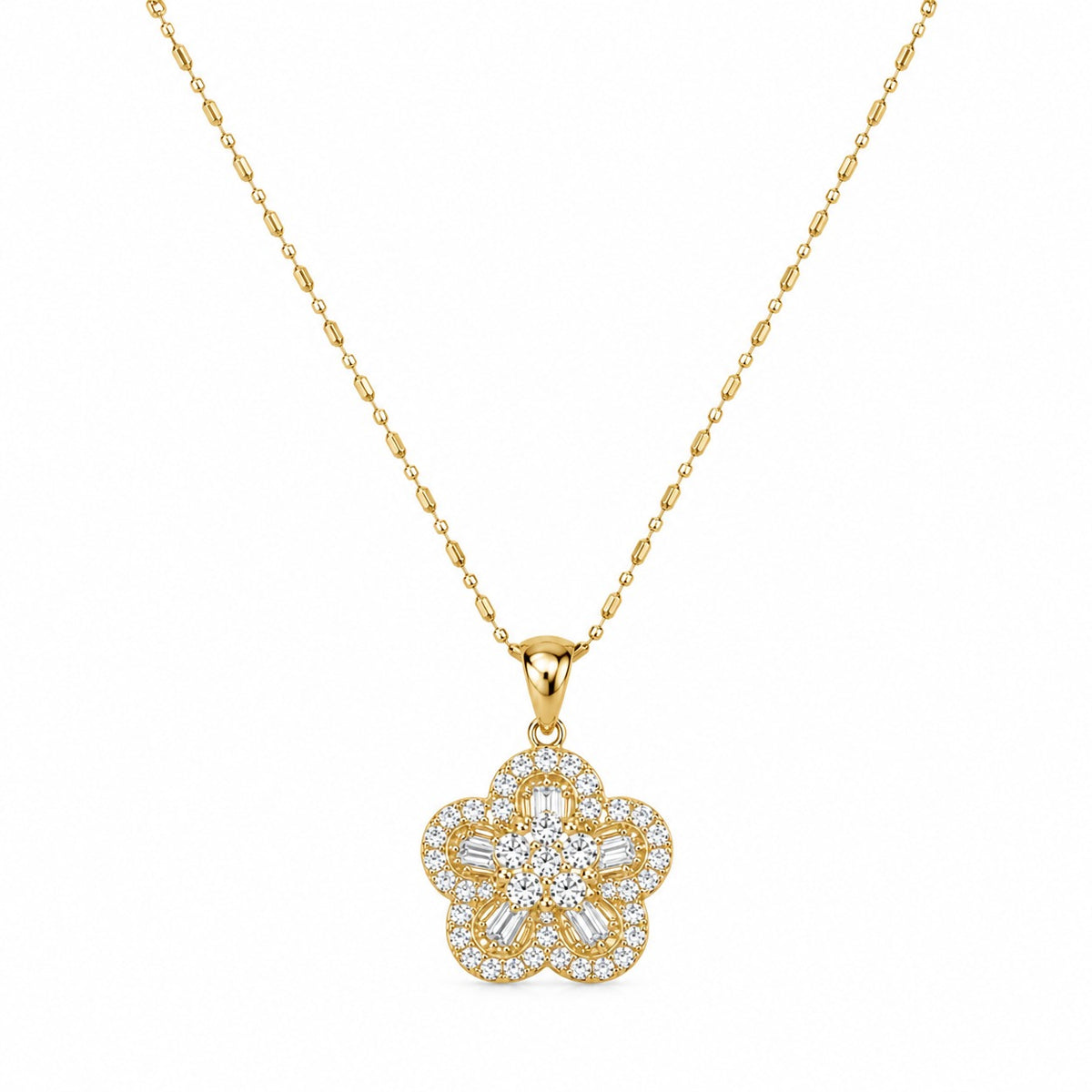 18K yellow gold flower pendant necklace featuring brilliant round and baguette-cut diamonds on a delicate gold chain.