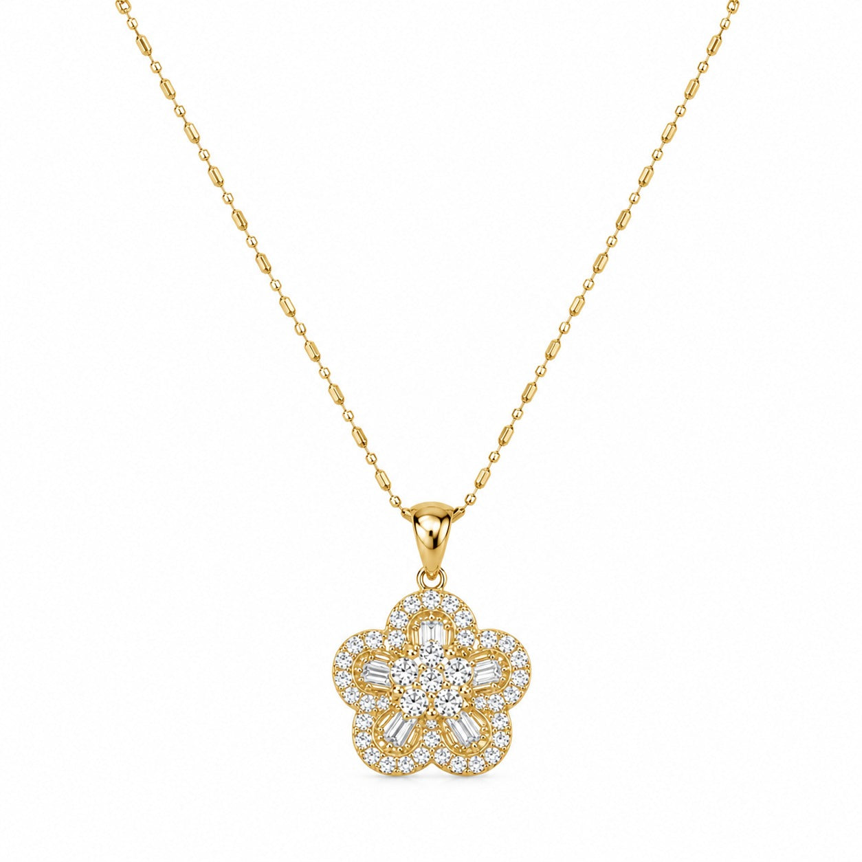18K yellow gold flower pendant necklace featuring brilliant round and baguette-cut diamonds on a delicate gold chain.