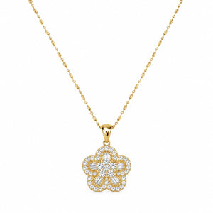 18K yellow gold flower pendant necklace featuring brilliant round and baguette-cut diamonds on a delicate gold chain.