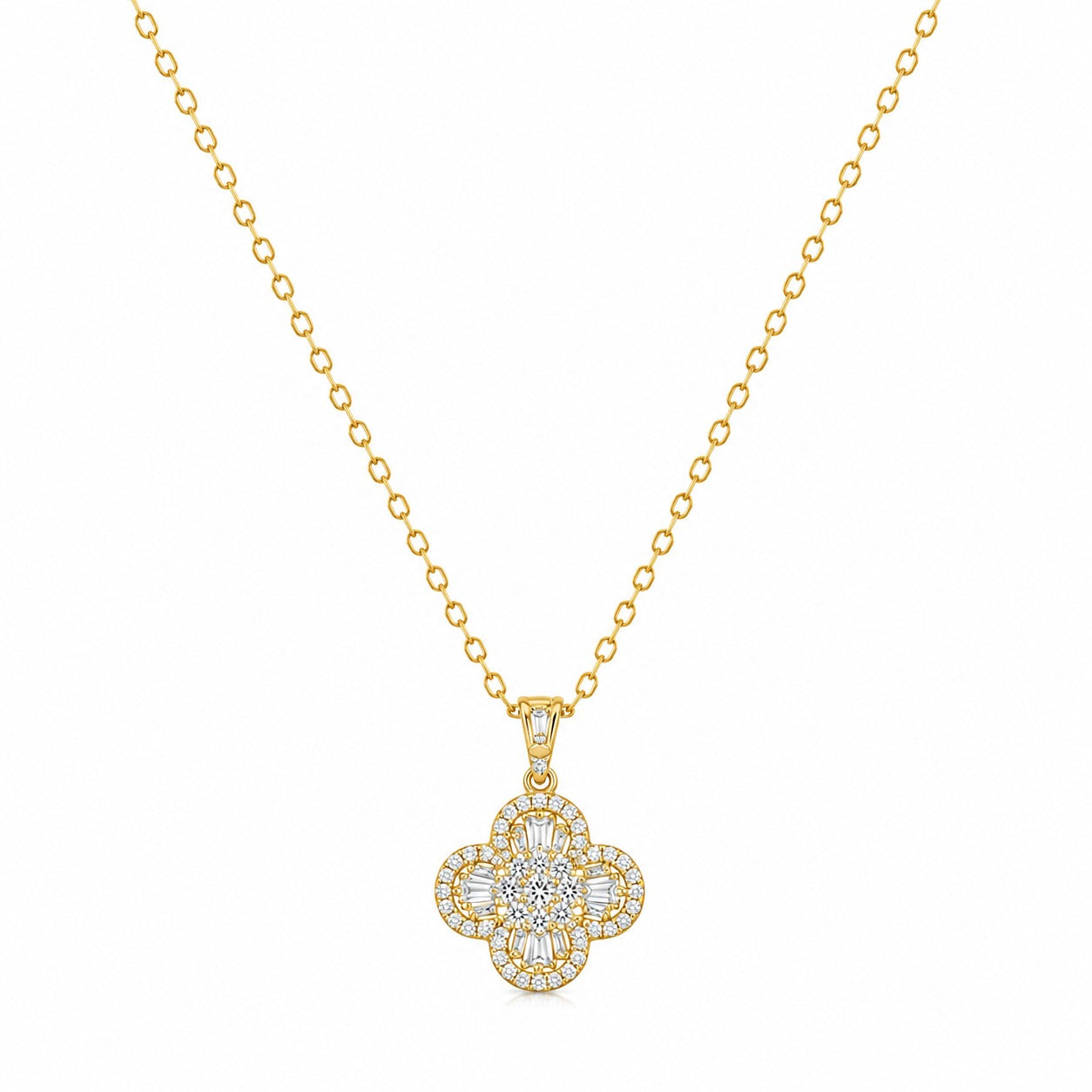 18K yellow gold four-leaf clover pendant necklace featuring brilliant round and baguette-cut diamonds on a delicate gold chain.