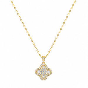 18K yellow gold four-leaf clover pendant necklace featuring brilliant round and baguette-cut diamonds on a delicate gold chain.